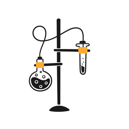 Science laboratory experiment. Lab chemistry test. Hand drawn chemical processes. Doodle vector illustration with lab glass flask, pipleline on white background.のイラスト素材