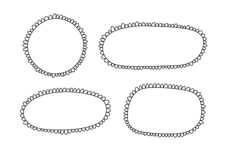 Doodle circle and square scalloped frames. Hand drawn scalloped edge rectangle and ellipse shapes. Simple label form. Flower silhouette lace frame. Vector illustration isolated on white background.のイラスト素材