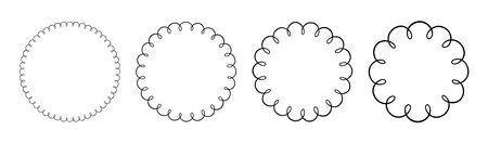 Doodle circle and oval scalloped frames. Hand drawn scalloped edge ellipse shapes. Simple round label form. Flower silhouette lace frame. Vector illustration isolated on white background.のイラスト素材