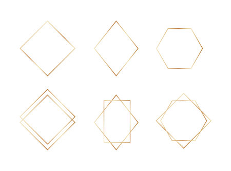 Golden geometric frames in art deco style. Luxury gold borders for for wedding invitation. Thin line polygonal set for invitation decoration. Vector illustration isolated on white background.のイラスト素材