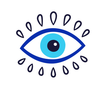 Evil eye talisman icon. Turkish or greek eye symbol. Greece ethnic magic amulet. Mystical blue hamsa icon in hand drawn style. Nazar amulet symbol. Vector illustration isolated in doodle style.のイラスト素材