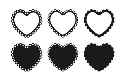 Scalloped edge heart shapes set. Simple heart scalloped border. Fabric laces silhouette frame. Repeat cute vintage frill ornament. Texture ribbons. Vector illustration isolated on white background.のイラスト素材