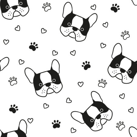 Dogs seamless pattern with face of French bulldog. Texture with dog heads. Hand drawn vector illustration in doodle style on white background.のイラスト素材