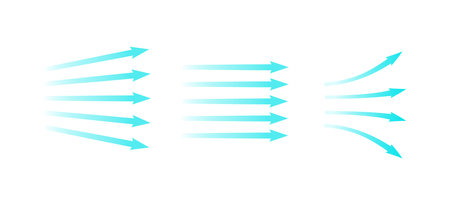 Air flow. Set of blue arrows showing direction of air movement. Wind direction arrows. Blue cold fresh stream from the conditioner. Vector illustration isolated on white background.のイラスト素材