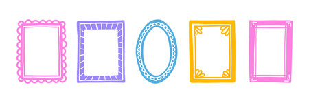 Color simple hand drawn picture frames. Doodle photo frames set. Blank hand drawn square, rectangle and circle. Scribble picture border. Vector doodle illustration isolated on white background.のイラスト素材