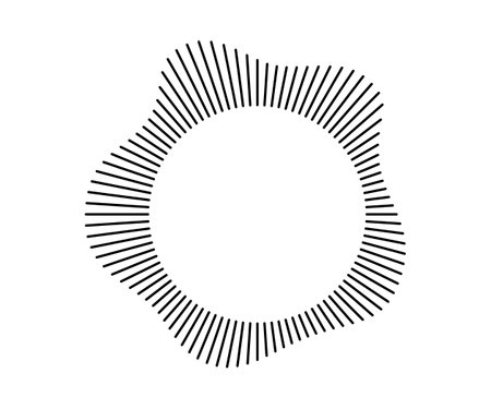 Radial wave sound lines. Circular frame. Sound circle ring. Wavy roun frame. Radial sun rays symbol. Wavy geometric silhouette. Abstract design element. Vector illustration on white background.のイラスト素材