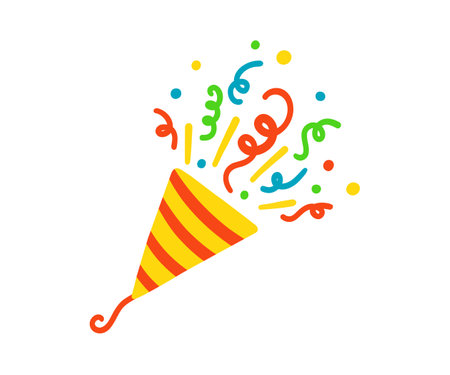 Exploding party popper. Cracker with colorful confetti. Festive firecracker icon. Popping ribbon confetti. Cracker for celebrating christmas birthday. Vector illustration isolated on white background.のイラスト素材