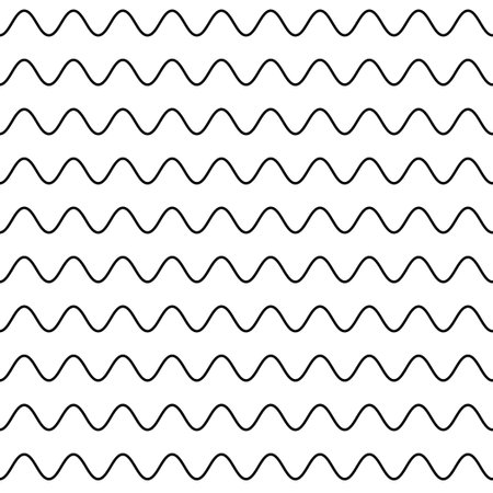 Wave line seamless pattern. Wavy thin stripes pattern. Black horizontal water curve lines texture. Simple monochrome black and white background. Editable stroke. Vector illustration.のイラスト素材