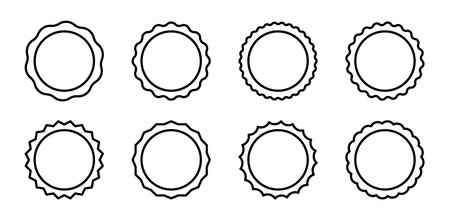 Circle seal stamp icons. Vintage wavy edge circle sticker. Star burst shape tags. Blank sale round sticker. Simple line circle wax seal. Vector illustrations set isolated on white background.のイラスト素材