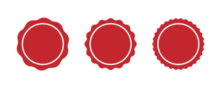 Red circle seal stamp icons. Vintage wavy edge circle sticker. Star burst shape tags. Blank sale round sticker. Simple circle red wax seal. Vector illustrations set isolated on white background.のイラスト素材