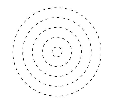 Dashed concentric circle icon. Black and white broken circular rings. Sound wave, radar, target. Dotted round lines. Abstract monochrome graphic. Vector illustration isolated on white background.のイラスト素材