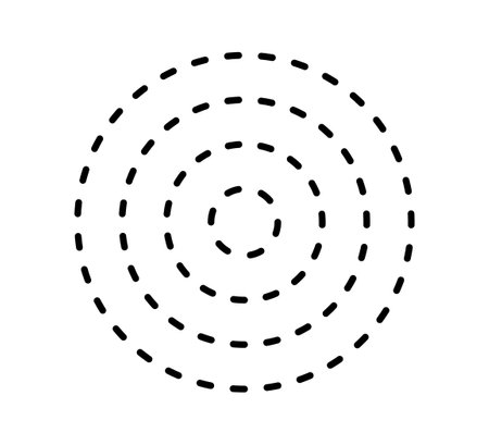 Dashed concentric circle icon. Black and white broken circular rings. Sound wave, radar, target. Dotted round lines. Abstract monochrome graphic. Vector illustration isolated on white background.のイラスト素材