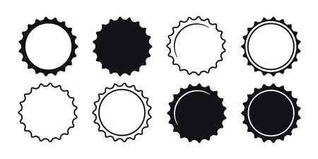 Beer bottle cap icons. Blank label in the shape of aluminum bottle cap. Top view. Soda or beer metal lid. Black and white flat icon. Vector illustration isolated on white background.のイラスト素材