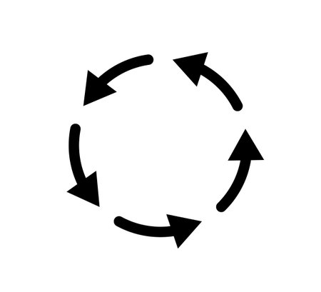 Five circle arrow icon. Round reload, restart, recycle and repeat symbol. Five arrow in loop. Round reload sign, repeat icon. Vector illustration isolated on white background.のイラスト素材