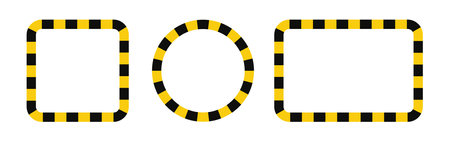 Warning square and circle frame with yellow black tape. Barricade lines. Round rectangle warn frame with text space set. Yellow and black caution tape border. Vector illustration on white background.のイラスト素材