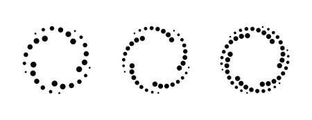 Dot gradient round spiral frame. Halftone effect vortex circle icon with dotted pattern. Progress round loader. Half tone abstract circle border. Vector illustration isolated on the white background.のイラスト素材
