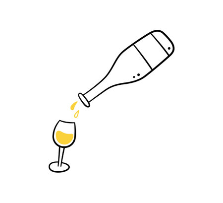 Wine bottle and glass. White vine bottle and wineglass. Hand drawn line elements. Champagne splashes. Vector illustration in doodle style on white background.のイラスト素材