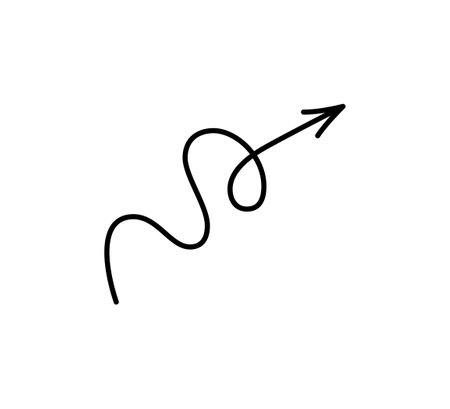 Spiral hand drawn arrow. Curly line doodle black arrow. Funny design infographic element. Spiral spring pointer. Vector illustration isolated on white background.のイラスト素材