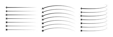 Falling star shape. Comet trail icons set. Abstract shooting star. Cosmos asteroid tail. Comet tail. Design element. Flying meteor silhouette. Vector illustration isolated on white background.のイラスト素材