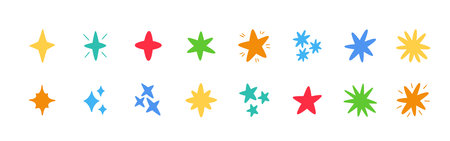 Doodle glitter twinkle star icons set. Hand drawn shine star burst symbol. Sketch magic blink collection. Color doodle spark shape icons. Vector illustration on white background.のイラスト素材