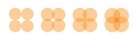 Four intersecting circles set. Circle Venn diagram with four parts. Infographic chart icon. 4 overlap balance elements diagram. Business process chart. Vector illustration isolated on white backgroundのイラスト素材