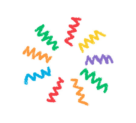 Crayon doodle confetti icon. Color pencil hand drawn firework symbol. Chalk color birthday firecracker confetti. Crayon graphic design circle element. Vector illustration isolated on white background.のイラスト素材