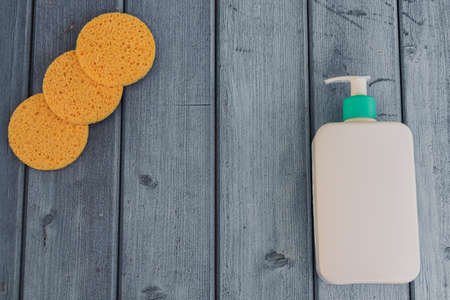 Zero waste concept, sustainable lifestyle. Flat lay with reusable sponge for make-up remover,...
