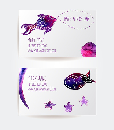 Set of creative business card templates with artistic vector design. Hand drawn watercolor violet fish with sea stars and abstract watercolor splashes.のイラスト素材