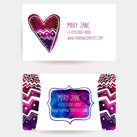 Set of creative business card templates with artistic vector design. Pink and purple watercolor spots and stains.のイラスト素材