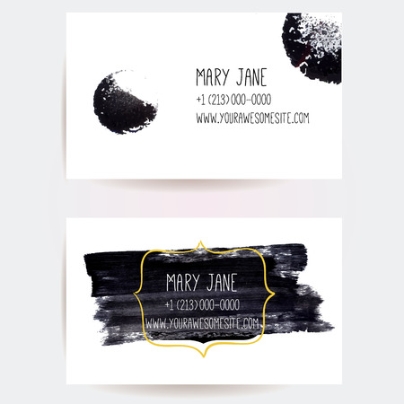Set of creative business card templates with minimalistic vector design. Abstract black ink brush strokes and circle traces.のイラスト素材