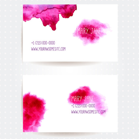 Set of creative business card templates with artistic vector design. Abstract pink watercolor splashes.のイラスト素材