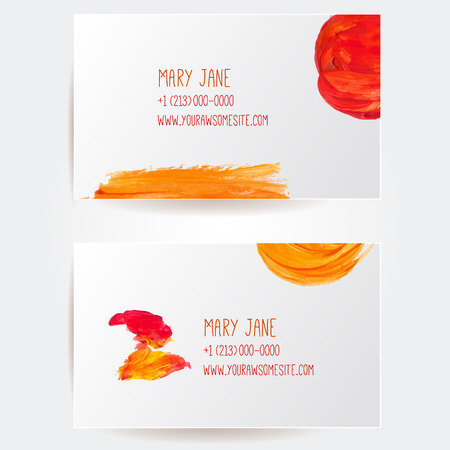Set of creative business card templates with artistic vector design. Orange and red abstract paint strokes.のイラスト素材