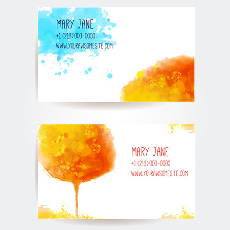 Set of creative business card templates with artistic vector watercolor design. Orange autumn tree and abstract splashes of paint.のイラスト素材