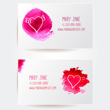 Set of creative business card templates with artistic vector design. Watercolor splashes with hand drawn hearts.のイラスト素材