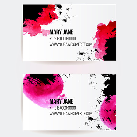 Set of creative business card templates with artistic vector design. Abstract red watercolor splashes and black grunge texture.のイラスト素材