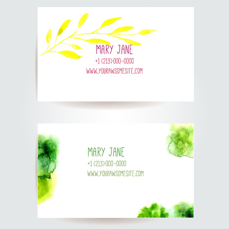 Set of creative business card templates with artistic vector design. Green paint stains and yellow branch of leaves.のイラスト素材