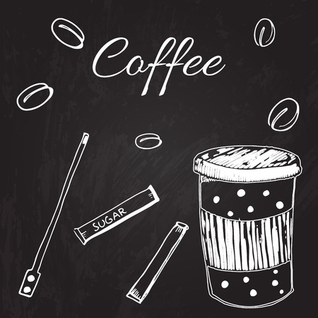 Hand drawn coffee paper cup, sugar sticks and beans. Vector drawing on the chalkboard.のイラスト素材