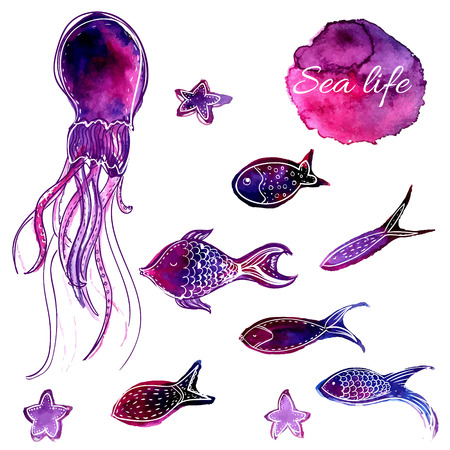 Set of hand drawn watercolor underwater fishes and octopus. Artistic design elements.のイラスト素材