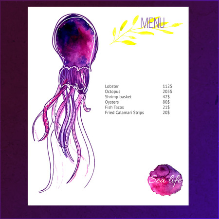 Menu layout design with violet watercolor octopus illustrationのイラスト素材