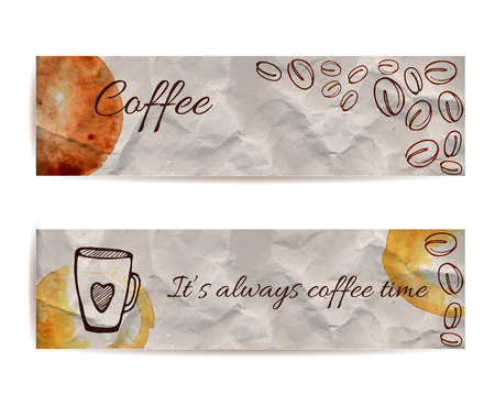 Set of banners with text coffee and it's always coffee time. Texture of knead craft paper with brown stains and spots. Hand drawn illustration of coffee beans.のイラスト素材