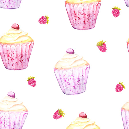 Cupcake and raspberry background. Seamless vector texture with watercolor desserts.のイラスト素材