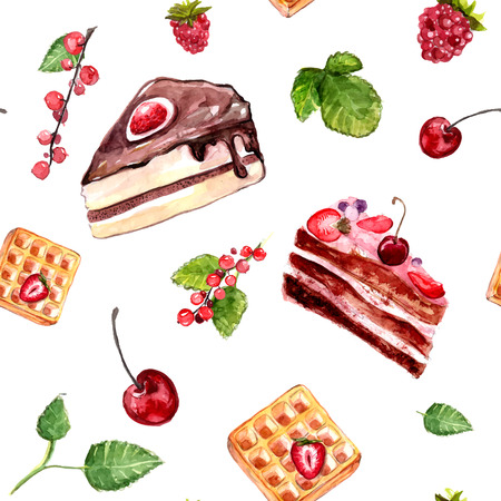 Watercolor desserts seamless pattern with cakes, red currant and cherries. Food background with cafe assortment.のイラスト素材
