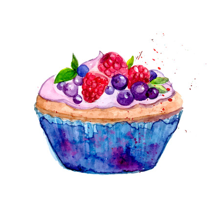 Watercolor tartlet illustration. Sweet vector dessert in blue package with berries: raspberry, blueberry and mint.のイラスト素材