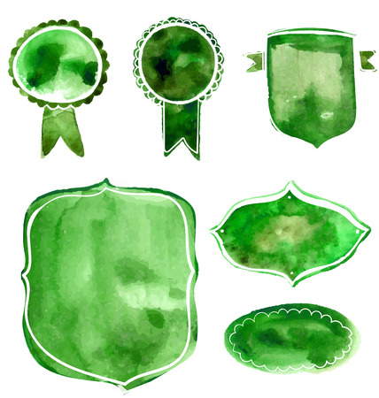 Watercolor green and blue badges and labels. Vector artistic elements on white rumple paper background for nature, organic and eco friendly designs.のイラスト素材