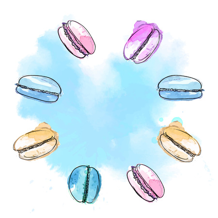 Macarons frame with paint splash background.  Watercolor vector illustration of pastry.のイラスト素材