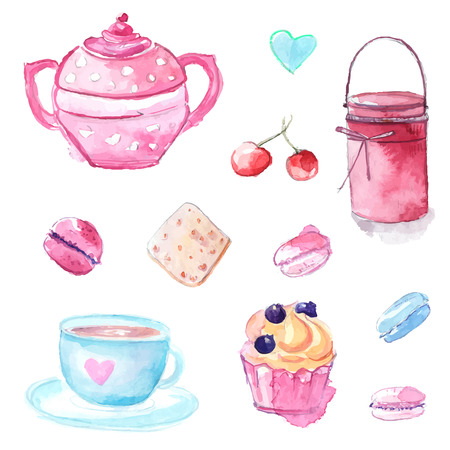 Illustrations of tea pot, cup, cupcake pastry and jar with jam. Set of hand drawn watercolor vector elements.のイラスト素材