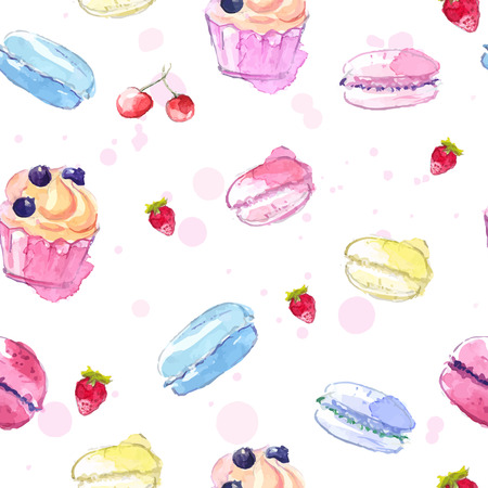 Tiled pattern with hand painted watercolor cupcake, macaroons and strawberry. Vector background.のイラスト素材