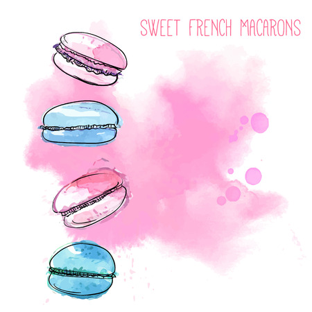 Macarons at pink paint splash background. Watercolor vector illustration of light pastries.のイラスト素材