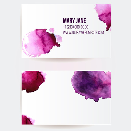 Double sided business card template with pink and violet watercolor paint swashes. Artistic vector design.のイラスト素材