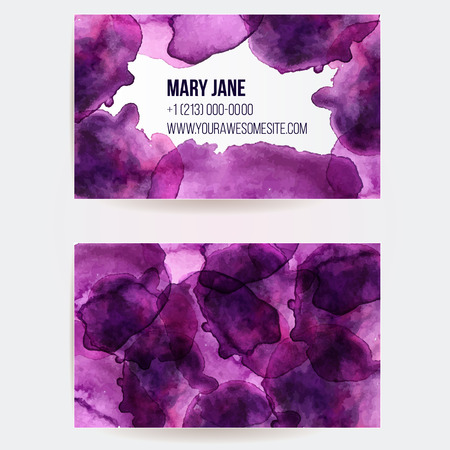 Double sided business card template with pink and violet watercolor paint spots. Artistic vector design.のイラスト素材